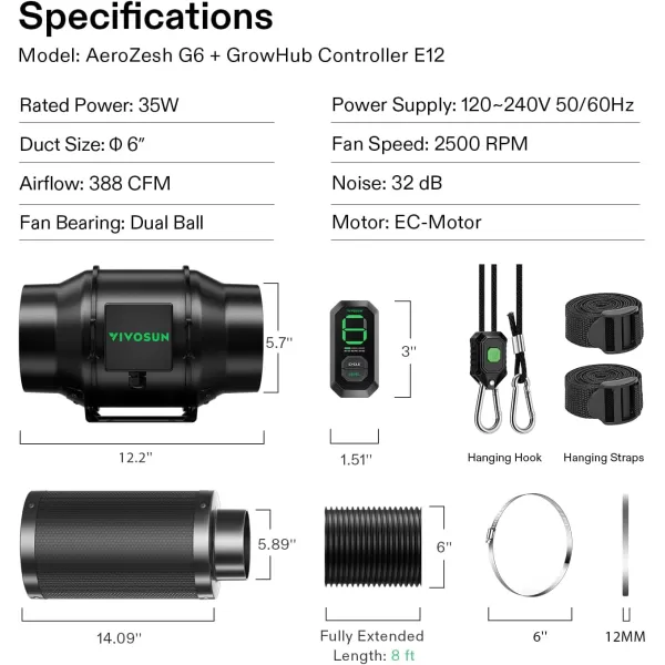 VIVOSUN Smart Air Filtration T6 Kit 6", AeroZesh T6 Inline Duct Fan with E12 Speed Controller, Carbon Filter &amp; 8' Ducting, Cooling &amp; Ventilation System for Grow Tents, Indoor Gardening, Hydroponics