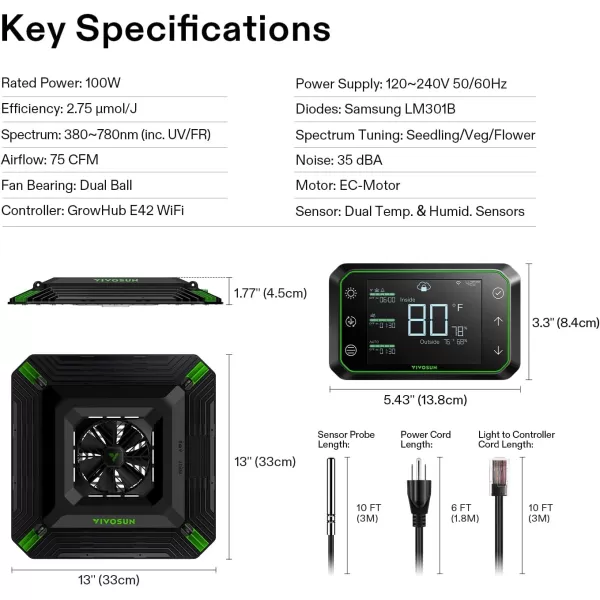 VIVOSUN Smart Grow System with The AeroLight A100, 100W LED Grow Light w/Integrated Circulation Fan &amp; The GrowHub E42 Temperature &amp; Humidity WiFi-Controller, Establish Intelligent Grow Environment