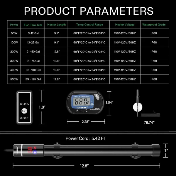 VIVOSUN Submersible Aquarium Heater with Thermometer Combination,100W Titanium Fish Tank Heaters with Intelligent LED Temperature Display and External Temperature Controller)