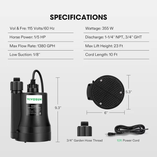 VIVOSUN Submersible Water Pump, 1/4HP 1620GPH Utility Pump, Thermoplastic Sump Pump with 10ft Cable, Compact and Portable, Ideal for Ponds, Basements, Swimming Pools, Hot Tubs Draining