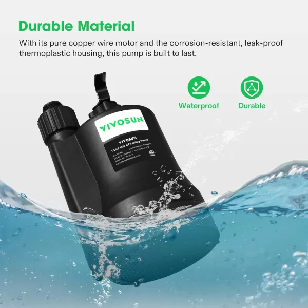 VIVOSUN Submersible Water Pump, 1/4HP 1620GPH Utility Pump, Thermoplastic Sump Pump with 10ft Cable, Compact and Portable, Ideal for Ponds, Basements, Swimming Pools, Hot Tubs Draining