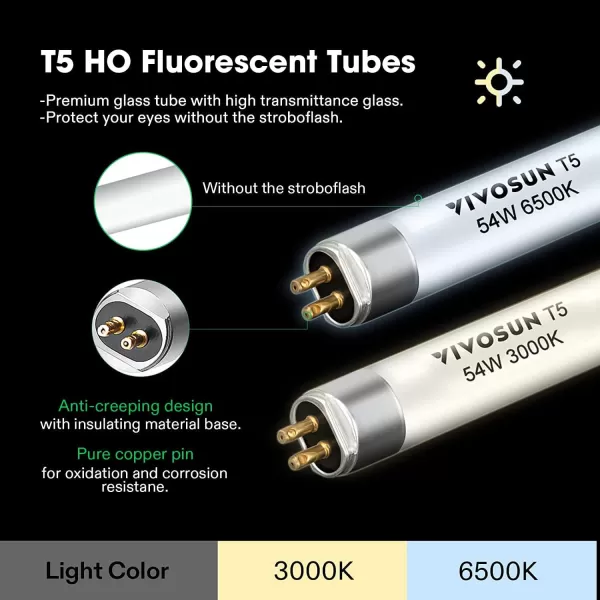 VIVOSUN T5 Grow Light Bulbs 4 Ft 46 Inches, 54W 6500K HO Fluorescent Tubes Light Bulbs, Cool White T5 Bulb for 46 Inches T5 Light Fixtures, T5 Grow Lights for Indoor Plants, 4 Ft 54W Pack of 5