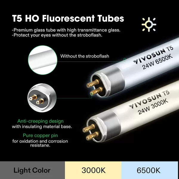 VIVOSUN T5 Grow Light Bulbs 4 Ft 46 Inches, 54W 6500K HO Fluorescent Tubes Light Bulbs, Cool White T5 Bulb for 46 Inches T5 Light Fixtures, T5 Grow Lights for Indoor Plants, 4 Ft 54W Pack of 5