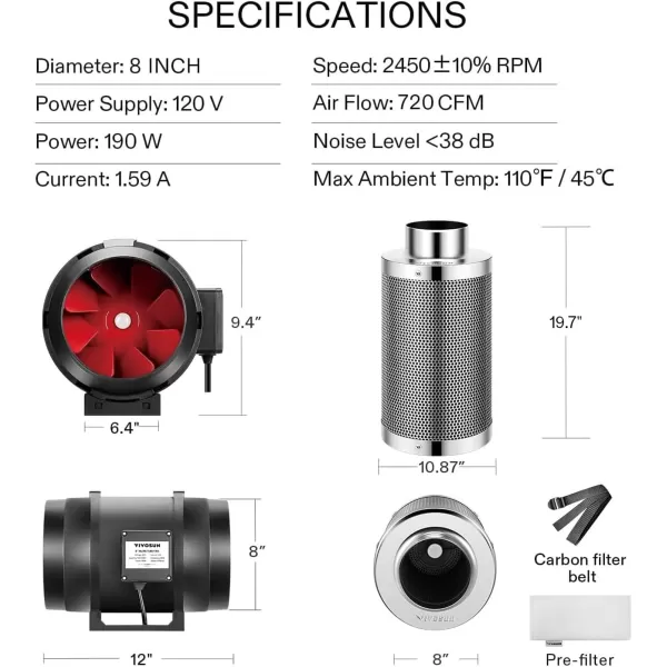 VIVOSUN Ventilation Kit 6 Inch 390 CFM Inline Duct Fan with 6" x 16"Carbon Filter Odor Control System with Australia Virgin Charcoal for Grow Tent Ventilation