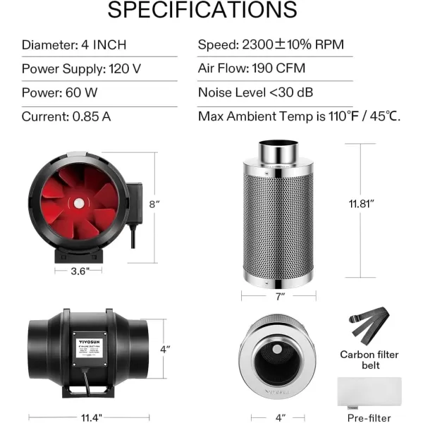 VIVOSUN Ventilation Kit 6 Inch 390 CFM Inline Duct Fan with 6" x 16"Carbon Filter Odor Control System with Australia Virgin Charcoal for Grow Tent Ventilation