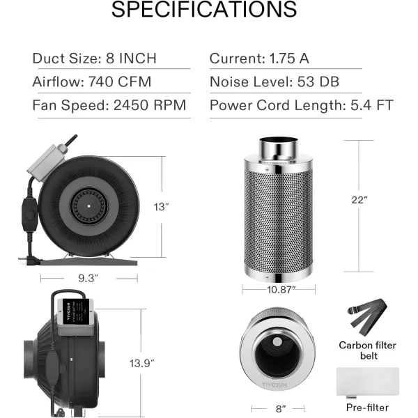 VIVOSUN Ventilation Kit 8 Inch 740 CFM Inline Duct Fan with 8" x 22" Carbon Filter Odor Control System with Australia Virgin Charcoal for Grow Tent Ventilation