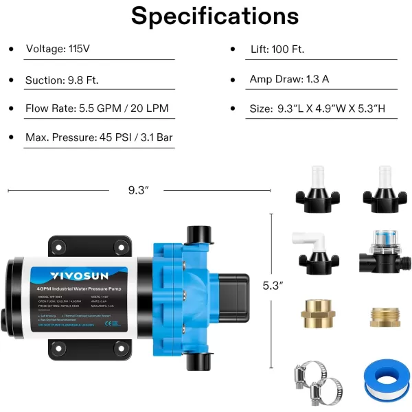 VIVOSUN Water Pressure Pump, 115VAC 4 GPM 45 PSI Diaphragm Water Pump/Strainer for Bathrooms, Kitchens, RVs, and Yachts 