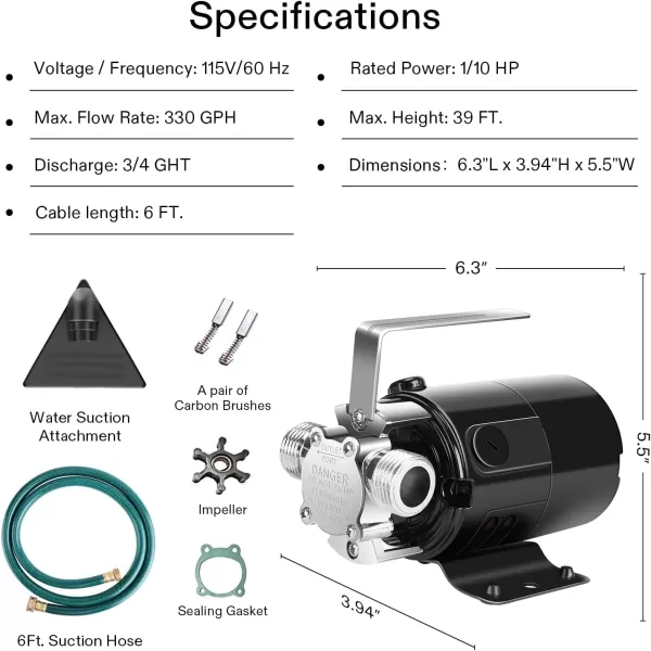 VIVOSUN Water Transfer Pump, 1/10HP 330 GPH 115V Auto Portable Utility Pump with Water Hose Kit for Removing Water From Garden, Hot Tub, Rain Barrel, Pool, Ponds, Aquariums, and More
