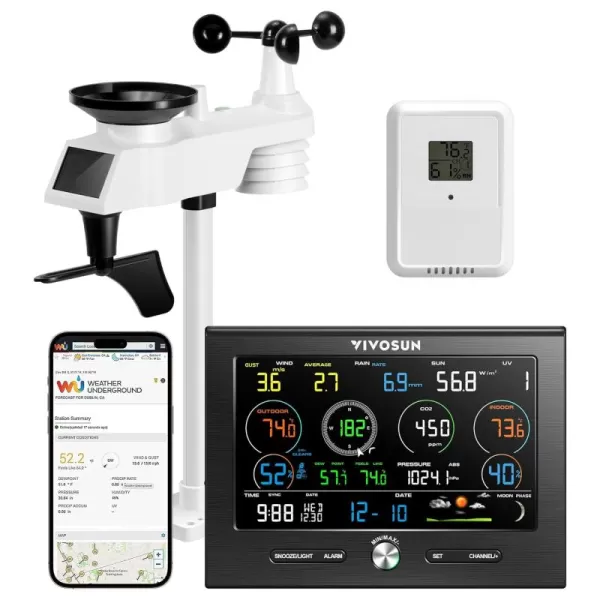 VIVOSUN 18-in-1 Wi-Fi Weather Station with Outdoor Sensor, CO2 Monitor, Color Display Console, Indoor/Outdoor Weather Thermometer, Weather Forecast, Alarm Function, Wind Speed/Direction, Rain Gauge