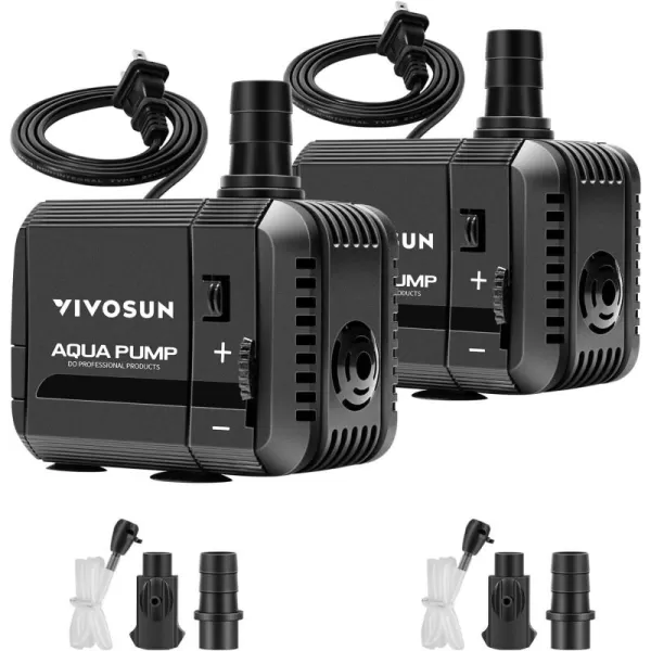 VIVOSUN 2-pack 210GPH Submersible Pump, Ultra Quiet Water Pump with 3.3ft High Lift, Fountain Pump with 5ft Power Cord, 2 Nozzles for Fish Tank, Pond, Aquarium, Statuary, Hydroponics