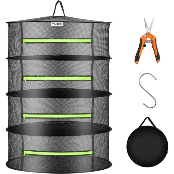 VIVOSUN 3-Layer Mesh Drying Rack Hanging Design with Green Zippers for Dehydrating, Indoor and Outdoor Pruning Shears Included