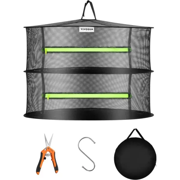 VIVOSUN 3-Layer Mesh Drying Rack Hanging Design with Green Zippers for Dehydrating, Indoor and Outdoor Pruning Shears Included