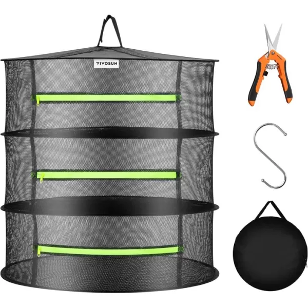 VIVOSUN 3-Layer Mesh Drying Rack Hanging Design with Green Zippers for Dehydrating, Indoor and Outdoor Pruning Shears Included