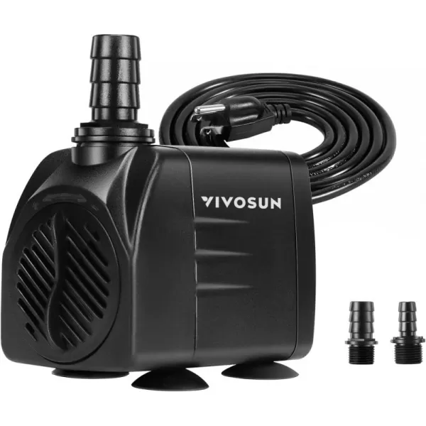 VIVOSUN 480GPH Submersible Pump, Ultra Quiet Water Pump with 7.2ft High Lift, Fountain Pump with 5ft Power Cord, 3 Nozzles for Fish Tank, Aquarium, Statuary, Hydroponics Black