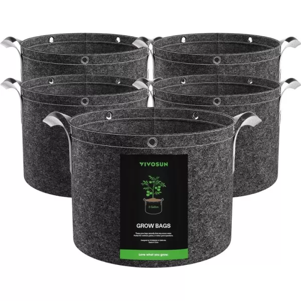 VIVOSUN 5-Pack 15 Gallon Grow Bags, 360G Thick Nonwoven Fabric Pots with Strap Handles, Multi-Purpose Rings, for Low Stress Plant Training Fruits, Vegetables, and Flowers