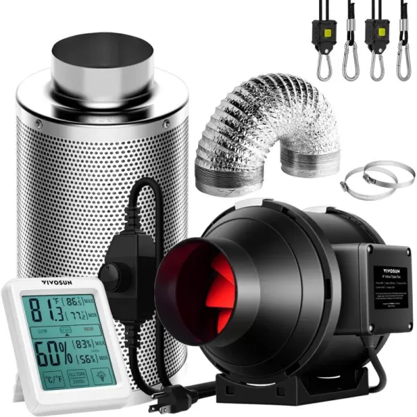 VIVOSUN 6 Inch 390 CFM Inline Fan with Speed Controller, 6 Inch Carbon Filter and 8 Feet of Ducting, Temperature Humidity Monitor for Grow Tent Ventilation