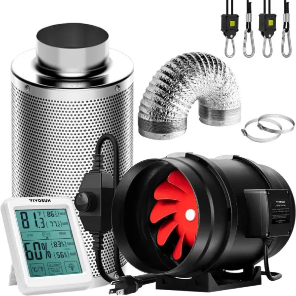 VIVOSUN 6 Inch 390 CFM Inline Fan with Speed Controller, 6 Inch Carbon Filter and 8 Feet of Ducting, Temperature Humidity Monitor for Grow Tent Ventilation
