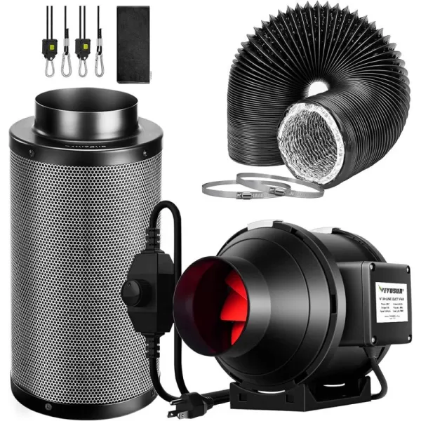 VIVOSUN Air Filtration Kit, 8” 720 CFM Inline Ventilation Fan with Speed Controller, 8” Black Carbon Filter and 25’ of Black Ducting for Grow Tent, Planting Room, Air Circulation