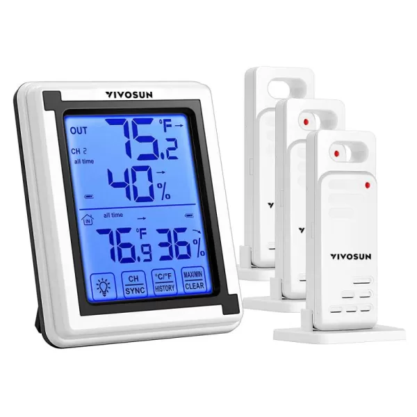 VIVOSUN Indoor Outdoor Thermometer Wireless Digital Hygrometer Temperature and Humidity Monitor with Touchscreen LCD Backlight, 200ft/60m Range, Battery Included