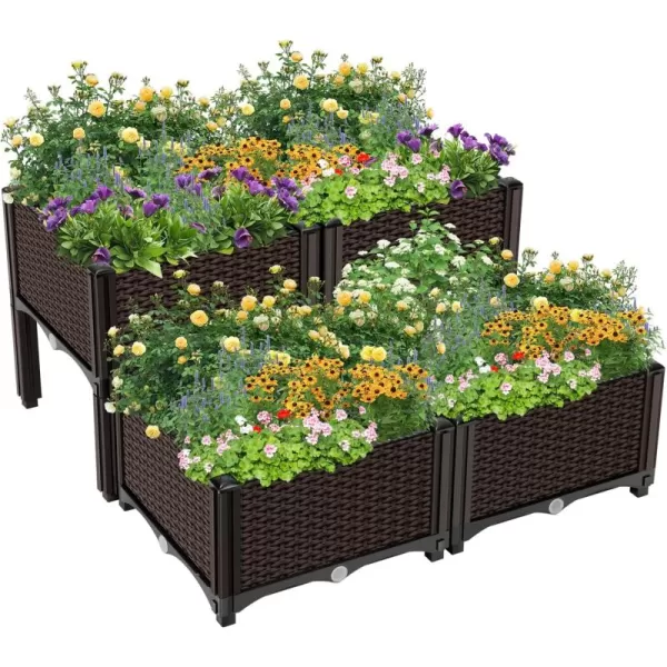 VIVOSUN Raised Garden Bed Planter Kit, Indoor Outdoor Plastic Planter Grow Box for Flower Vegetable, Brown, Set of 4