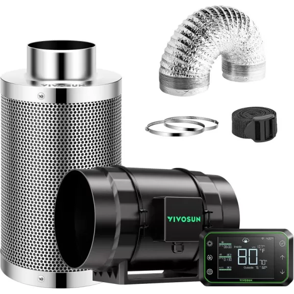 VIVOSUN Smart Air Filtration PRO S4 Kit 4", AeroZesh S4 Inline Duct Fan w/GrowHub E42A Temp. Humidity WiFi-Controller, Carbon Filter &amp; Ducting, Cooling &amp; Ventilation System for Grow Tent, Hydroponics