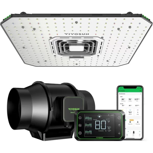 VIVOSUN Smart Grow System with AeroLight A100 100W LED Grow Light with Circulation Fan, AeroZesh S6 6-inch 405CFM Inline Duct Fan, and GrowHub E42A Temperature, Humidity, VPD WiFi-Controller