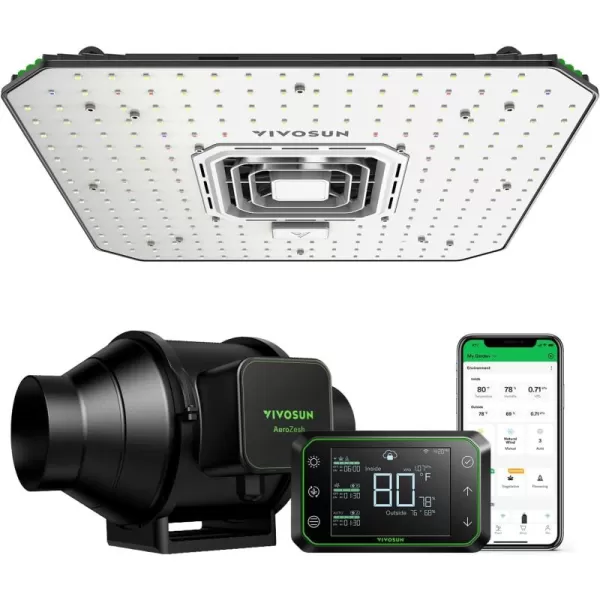 VIVOSUN Smart Grow System with AeroLight A100 100W LED Grow Light with Circulation Fan, AeroZesh S6 6-inch 405CFM Inline Duct Fan, and GrowHub E42A Temperature, Humidity, VPD WiFi-Controller