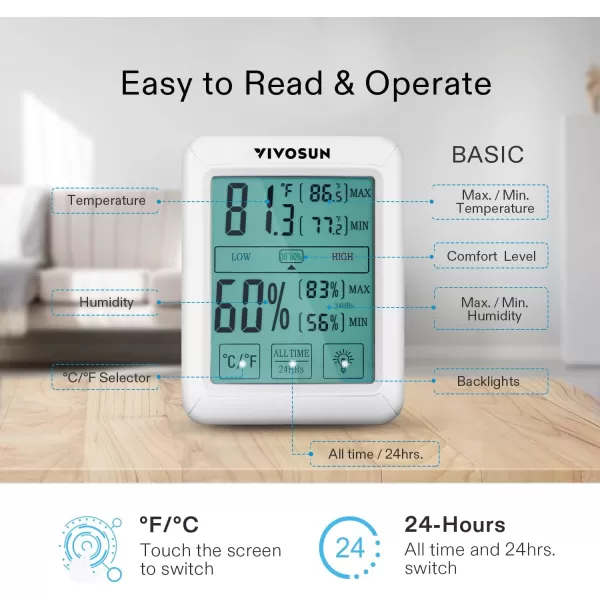 VIVOSUN Digital Thermometer Grow Tent Hygrometer, Indoor Outdoor Temperature and Humidity Meter Guage with Backlight for Home, Office