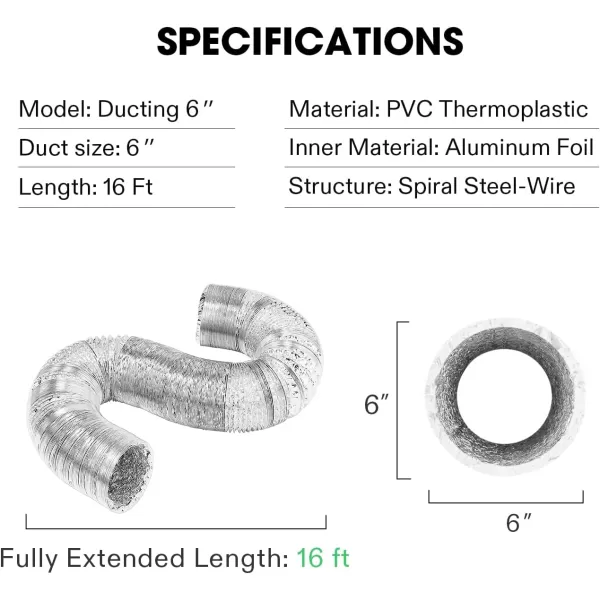 VIVOSUN 4-Inch 25-Ft. Non-Insulated Flexible Aluminum Air Ducting Dryer Vent Hose for HVAC Ventilation w/Two 4-Inch Stainless Steel Clamps