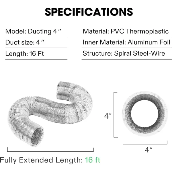 VIVOSUN 4-Inch 25-Ft. Non-Insulated Flexible Aluminum Air Ducting Dryer Vent Hose for HVAC Ventilation w/Two 4-Inch Stainless Steel Clamps