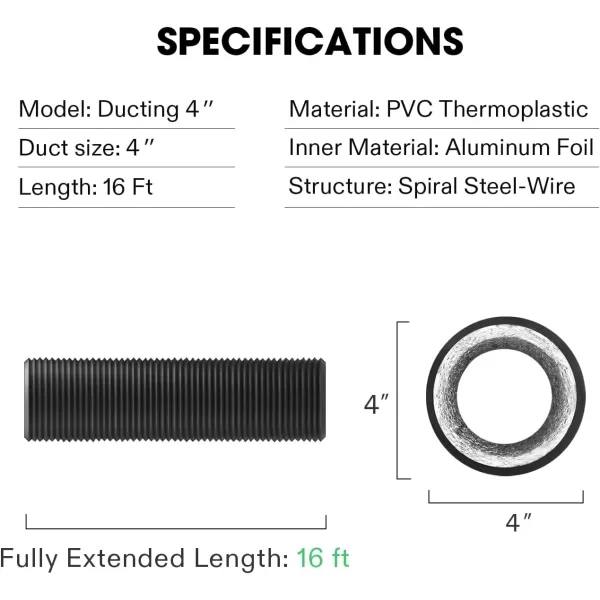VIVOSUN 4-Inch 25-Ft. Non-Insulated Flexible Aluminum Air Ducting Dryer Vent Hose for HVAC Ventilation w/Two 4-Inch Stainless Steel Clamps