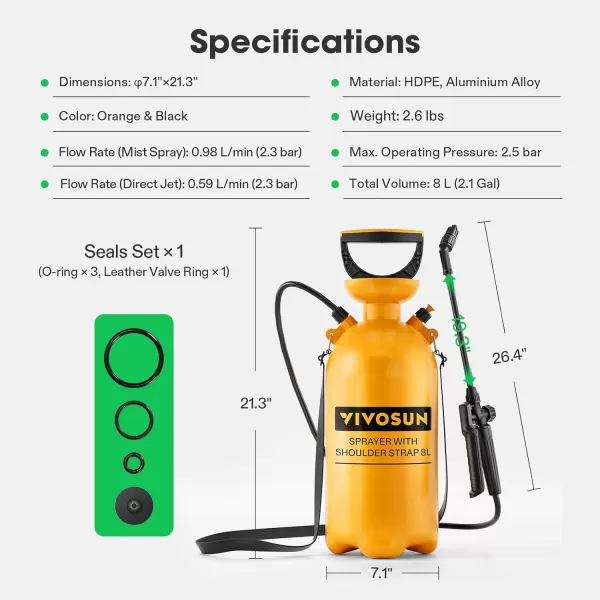 VIVOSUN 2.1Gal/8L Pump Pressure Sprayer, Pressurized Water Spray Bottle with Adjustable Shoulder Strap, Adjustable Nozzle, Safety Valve &amp; Additional Seals, Ideal for Watering, Fertilizing, Cleaning