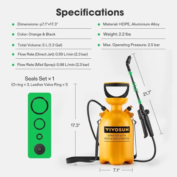 VIVOSUN 2.1Gal/8L Pump Pressure Sprayer, Pressurized Water Spray Bottle with Adjustable Shoulder Strap, Adjustable Nozzle, Safety Valve &amp; Additional Seals, Ideal for Watering, Fertilizing, Cleaning