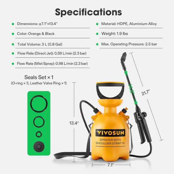 VIVOSUN 2.1Gal/8L Pump Pressure Sprayer, Pressurized Water Spray Bottle with Adjustable Shoulder Strap, Adjustable Nozzle, Safety Valve &amp; Additional Seals, Ideal for Watering, Fertilizing, Cleaning