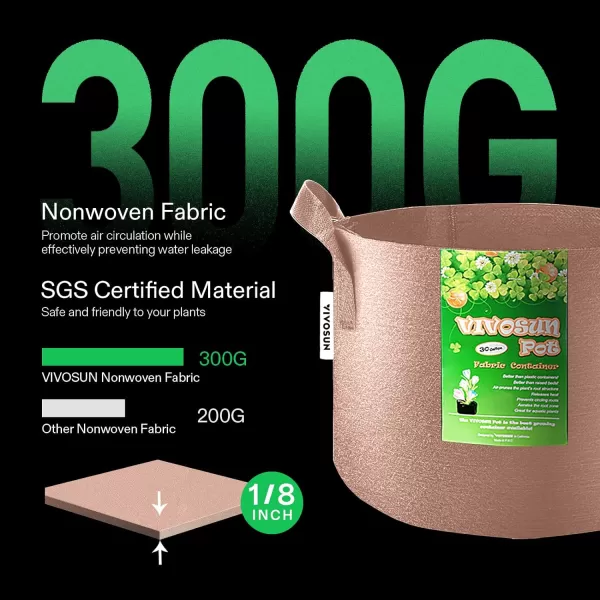 VIVOSUN 5-Pack 5 Gallon Grow Bags Heavy Duty 300G Thickened Nonwoven Plant Fabric Pots with Handles