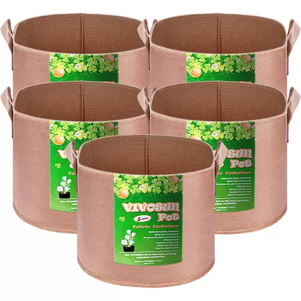 VIVOSUN 5-Pack 5 Gallon Grow Bags Heavy Duty 300G Thickened Nonwoven Plant Fabric Pots with Handles