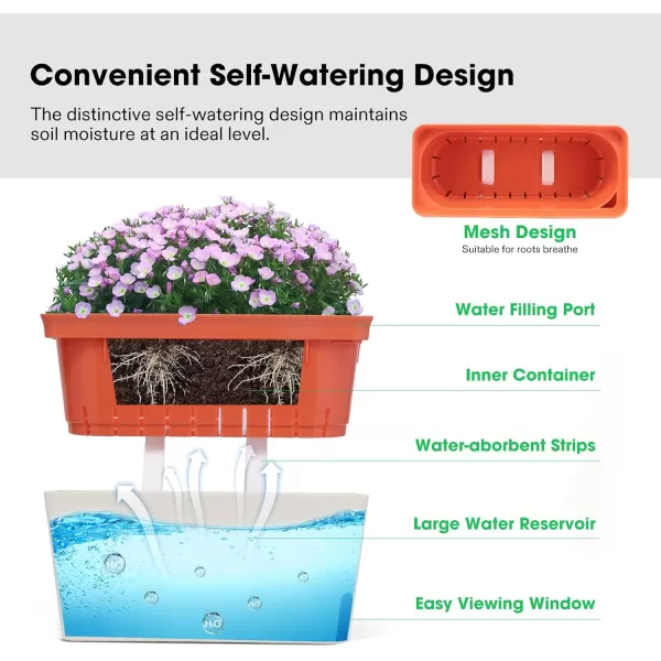 VIVOSUN Self-Watering Planters, Compact Rectangular Window Herb Planter Box with 10 PCS Plant Labels, Plant Container for Basil, Flowers, Succulents, Indoor &amp; Outdoor, 4-Pack