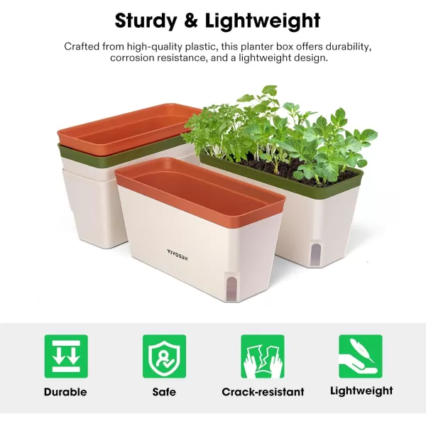 VIVOSUN Self-Watering Planters, Compact Rectangular Window Herb Planter Box with 10 PCS Plant Labels, Plant Container for Basil, Flowers, Succulents, Indoor &amp; Outdoor, 4-Pack