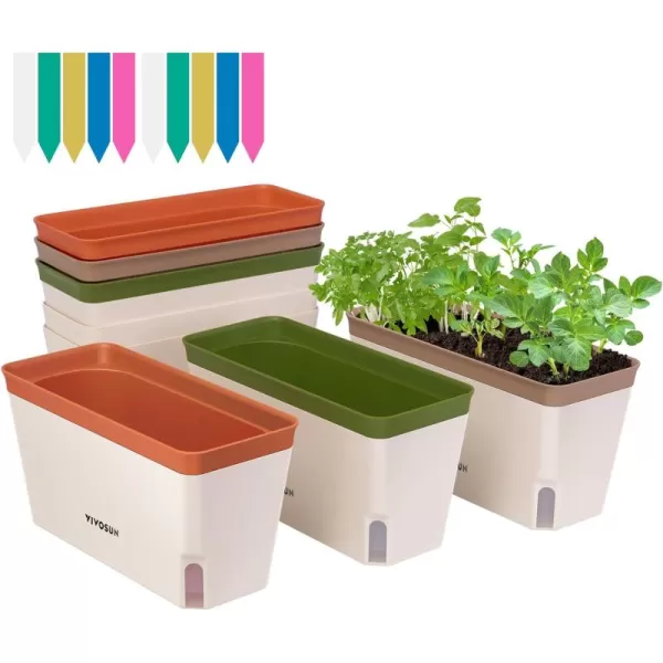 VIVOSUN Self-Watering Planters, Compact Rectangular Window Herb Planter Box with 10 PCS Plant Labels, Plant Container for Basil, Flowers, Succulents, Indoor &amp; Outdoor, 4-Pack
