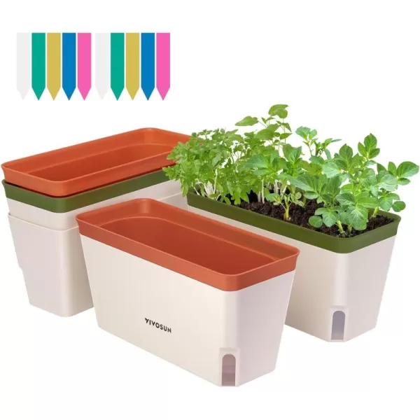 VIVOSUN Self-Watering Planters, Compact Rectangular Window Herb Planter Box with 10 PCS Plant Labels, Plant Container for Basil, Flowers, Succulents, Indoor &amp; Outdoor, 4-Pack