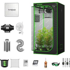imageVIVOSUN 27 x 27 ft Grow Tent Kit and AeroWave A6 Grow Tent Clip Fan with VS1000 Led Grow Light 4 Inch 190CFM Inline Fan Carbon Filter and 8 ft Ducting Combo 32quot x 32quot x 63quot