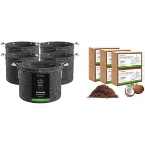 imageVIVOSUN 5Pack 7 Gallon Grow Bags and Coco Coir Brick 14lbs 100 Natural Organic Compressed Coconut Coir Fiber with Low EC PH Balance ampamp High Nutrition Coconut Fiber Substrate Coconut Soil for Pla