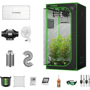imageVIVOSUN GIY 3x3 Grow Tent Kit and AeroWave A6 Clip Fan with 4inch Inline Fan Package VS2000 LED Grow Light Temperature Humidity Monitor Netting Grow Bags Pruning Shear ampamp Timer