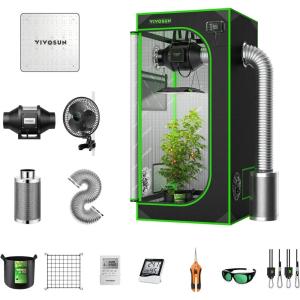 imageVIVOSUN Grow Tent Complete System 2 x 2 ft Grow Tent Kit and AeroWave A6 Grow Tent Clip Fan with VS1000 Led Grow Light 4 Inch 190CFM Inline Fan Carbon Filter and 8ft Ducting Combo 24quot x 24quot x 48