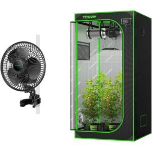 imageVIVOSUN S336 3x3 Grow Tent and AeroWave A6 Grow Tent Clip Fan Kit High Reflective Mylar for Hydroponics Indoor Plant Patented Portable Auto Oscillating Fan 6Black