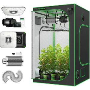 imageVIVOSUN S448 4x4 Grow Tent Smart Kit with AeroLight 100W LED Grow Light with Circulation Fan AeroZesh S6 6inch 405CFM Inline Duct Fan GrowHub E42 6 Inch Carbon Filter and Air Ducting