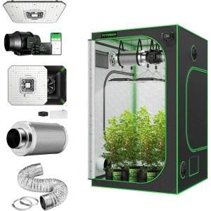 imageVIVOSUN S558 5x5 Grow Tent Smart Kit with AeroLight 100W LED Grow Light with Circulation Fan AeroZesh S6 6inch 405CFM Inline Duct Fan GrowHub E42 6 Inch Carbon Filter and Air Ducting
