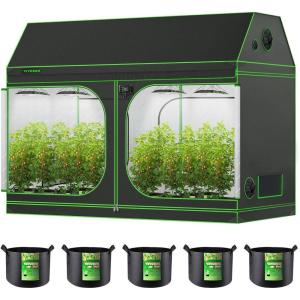 imageVIVOSUN 4x8 Grow Tent 96quotx48quotx72quot Roof Cube Tent with Observation Window and Floor Tray and 5Pack 5 Gallon Grow Bags