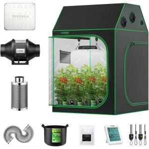 imageVIVOSUN 5x5 Grow Tent 60quotx60quotx72quot Roof Cube Tent VS1000E LED Grow Light 5Pack 5 Gallon Grow Bags 4 Inch 190 CFM Inline Fan HeavyDuty Polyester Plant Trellis Netting