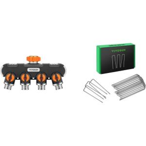imageVIVOSUN Garden Hose Splitter 4 Way and 6 Inch 50Pack Garden Stakes Galvanized Steel Landscape Stapes 11 Gauge UShaped Pins for Weed Barrier Fabric Ground Cover Soaker Hose Irrigation Tubing
